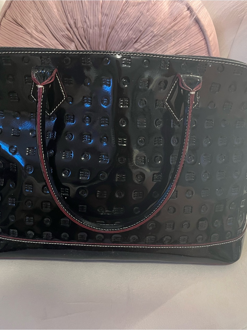 Arcadia Black Patent Tote with Burgundy Trim